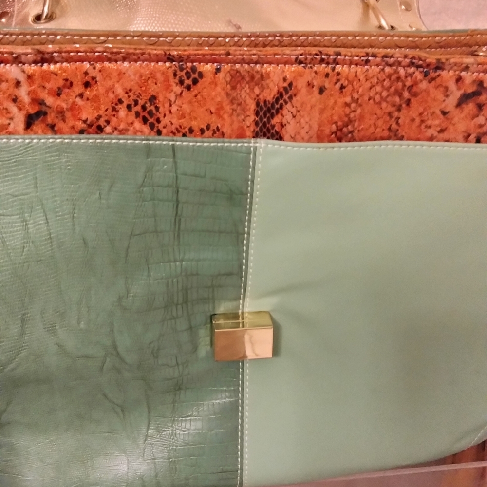 Nicole Lee Mallory Two-Tone Leather Satchel- Tan and Mint - Picture 6 of 8